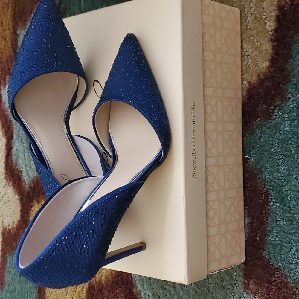 JEWEL BADGLEY MISCHKA Justise Embellished Satin d'Orsay Pump  Navy Size 8